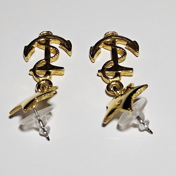 Vintage Gold Tone Star With Dangling Anchor Statement Earrings - Picture 9 of 11